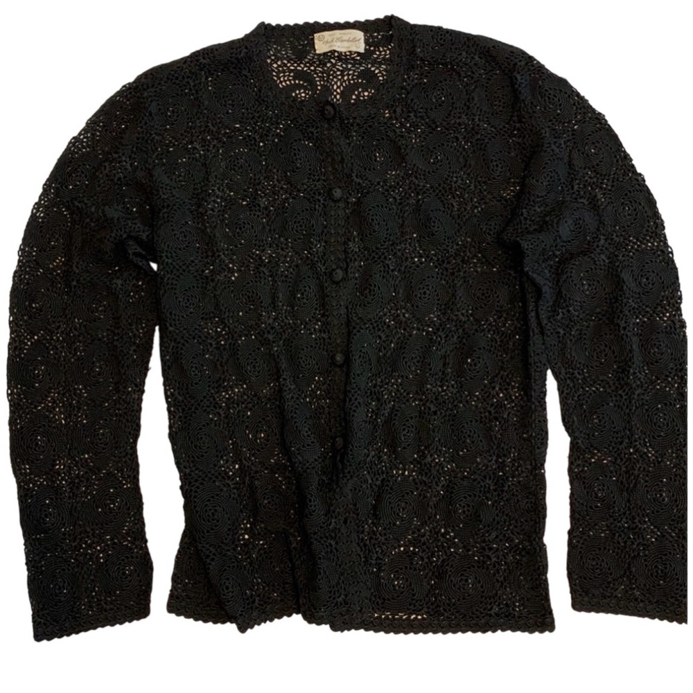HAND CROCHETED BLACK CARDIGAN SWEATER OPEN KNIT LARGE